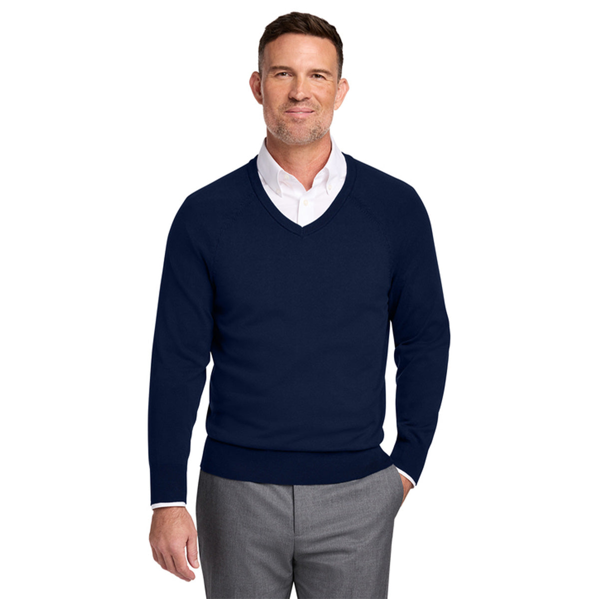 Navy Blue Cotton Stretch V-Neck Sweater