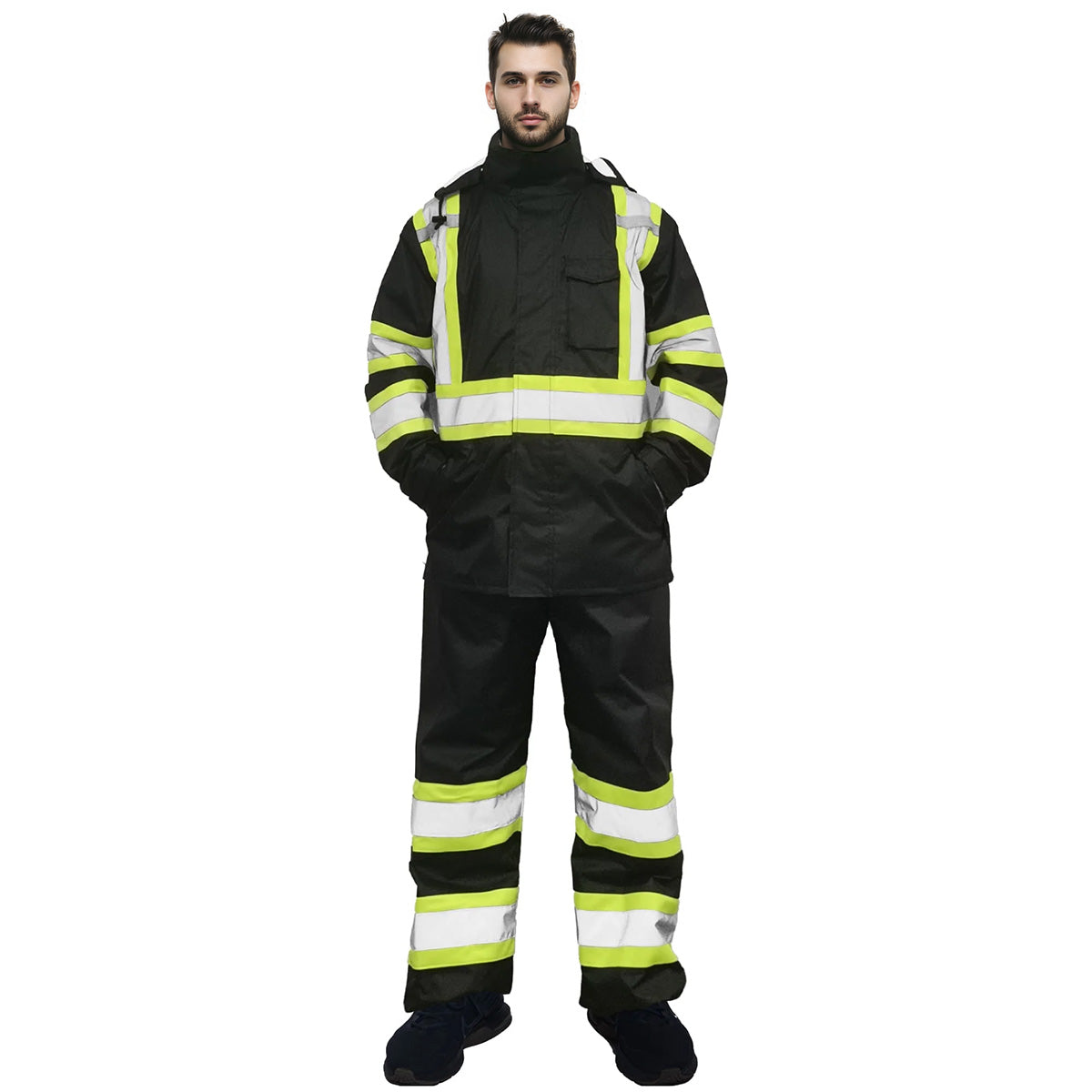 HiVisPro Hi-Vis Waterproof Reflective Black Rain Suit with Pockets