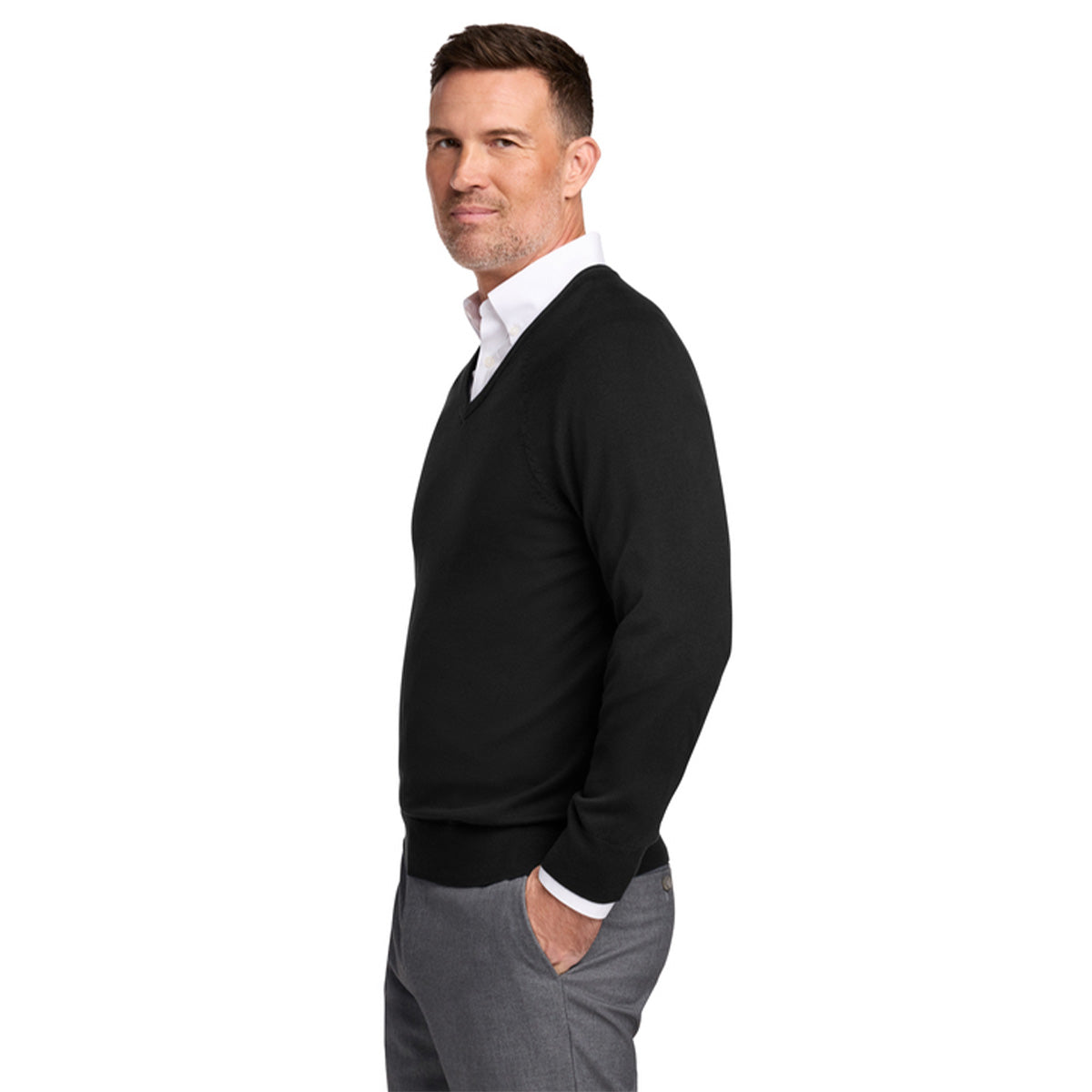 Black Cotton Stretch V-Neck Sweater